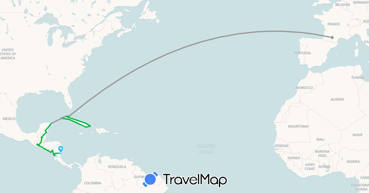 TravelMap itinerary: driving, bus, plane, boat in Cuba, France, Guatemala, Mexico, Nicaragua (Europe, North America)
